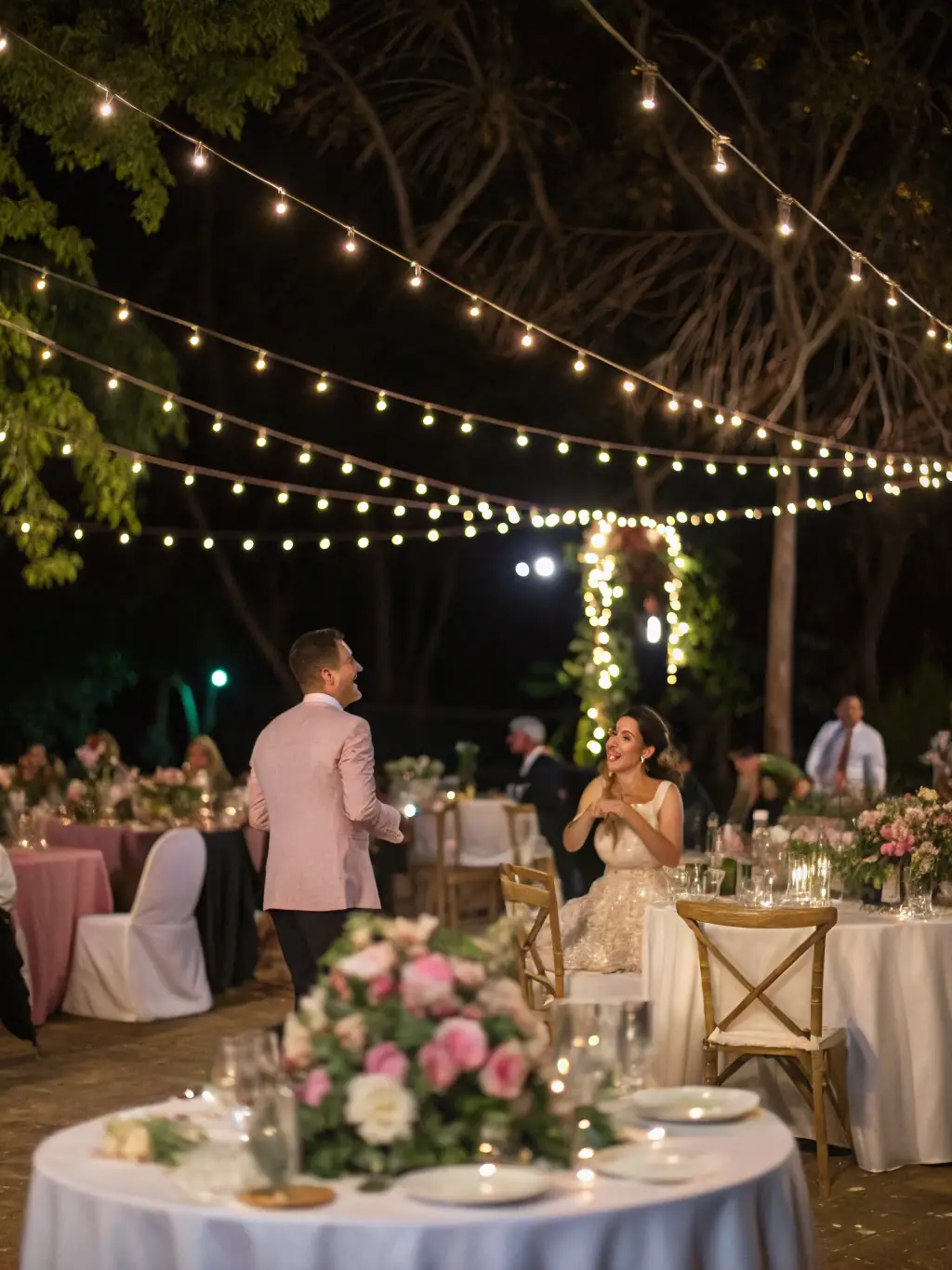 A lively wedding reception with a DJ, dance floor, and colorful lighting, capturing the joy and celebration of the event.