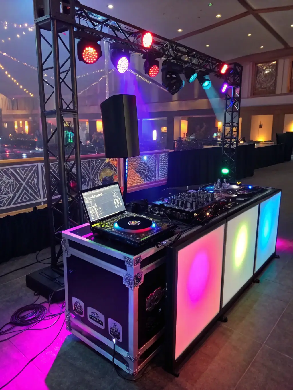 A DJ booth set up at a corporate event, with professional equipment and a sophisticated atmosphere.