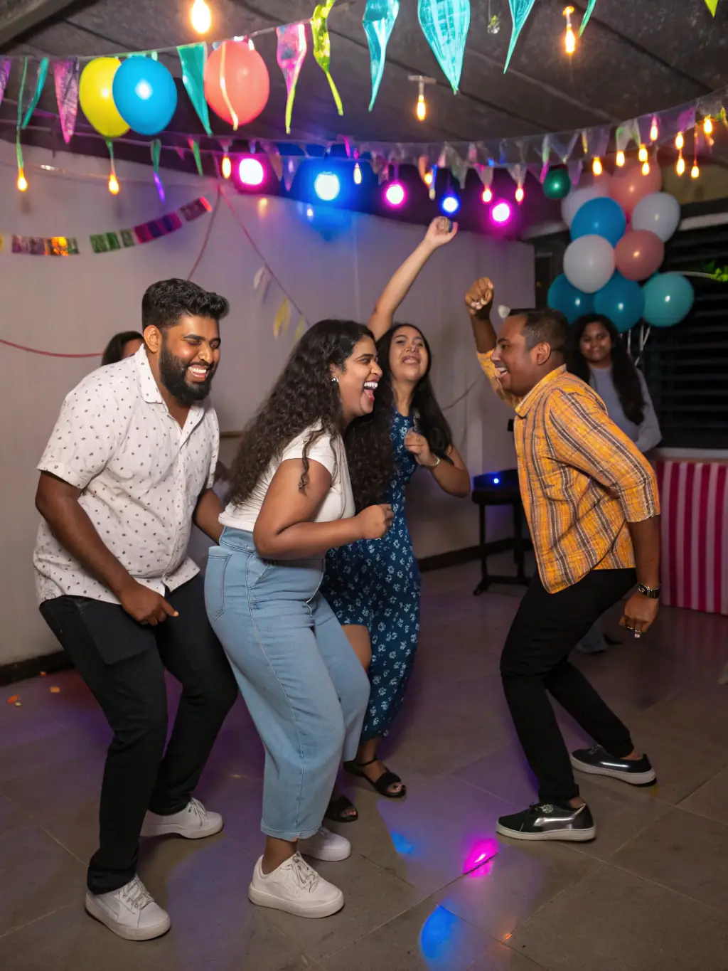 Guests dancing energetically at a lively party with DJ lighting effects, showcasing the fun and excitement of the event.